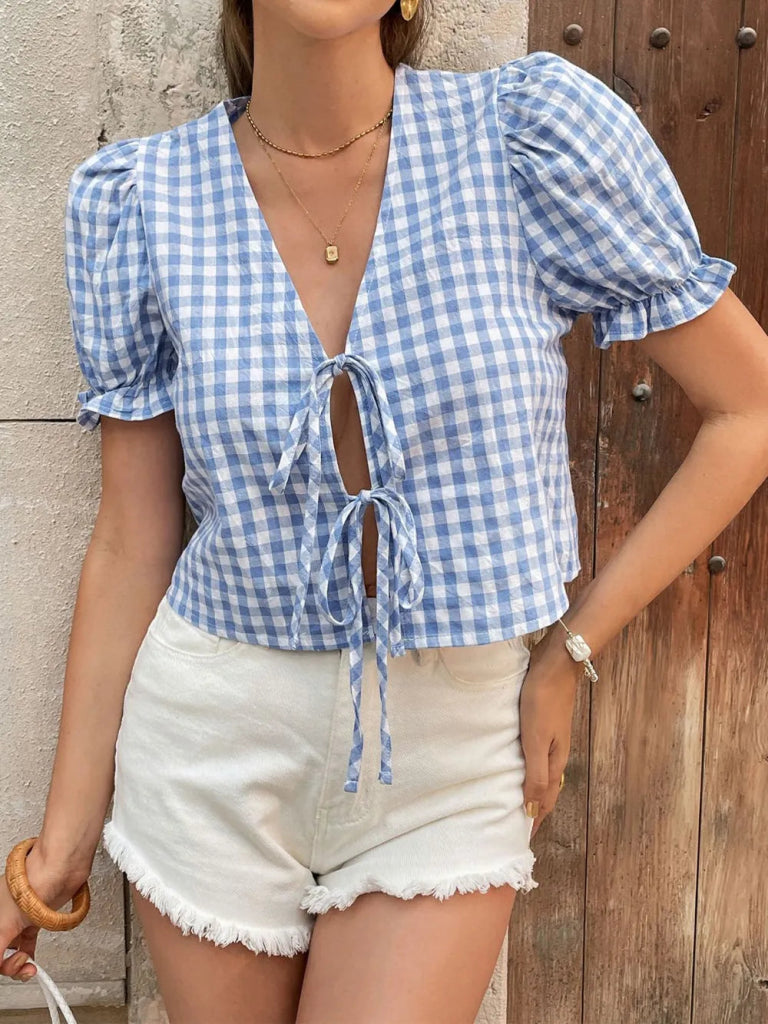 Perfee Tie Front Plaid Puff Sleeve Top - Light Blue by Trendsi from FREYA’S CLOSET