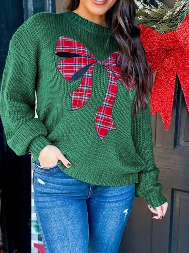 Plaid Bow Graphic Christmas Sweater - Dark Green by Trendsi from FREYA’S CLOSET