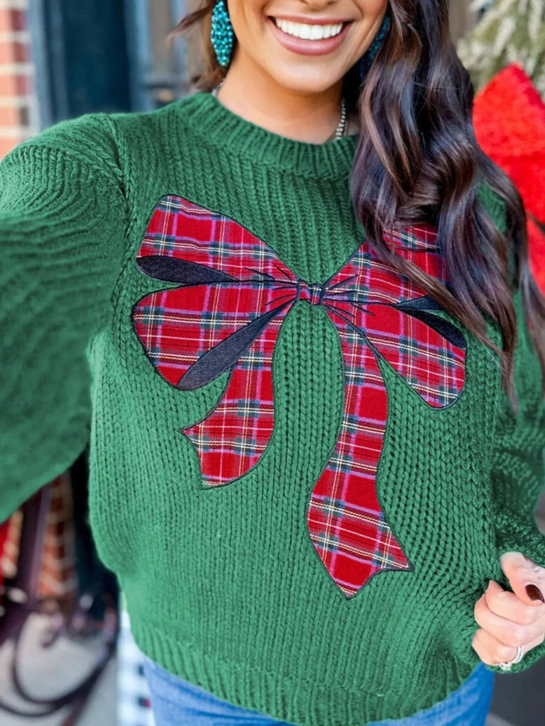 Plaid Bow Graphic Christmas Sweater - Dark Green by Trendsi from FREYA’S CLOSET