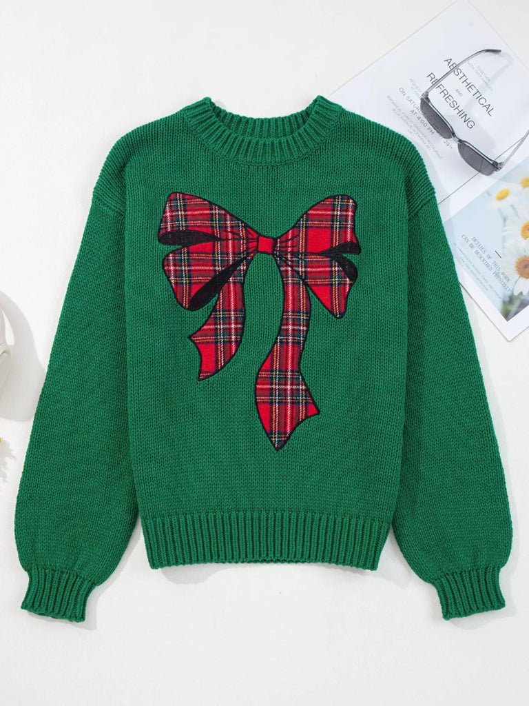 Plaid Bow Graphic Christmas Sweater - Dark Green by Trendsi from FREYA’S CLOSET