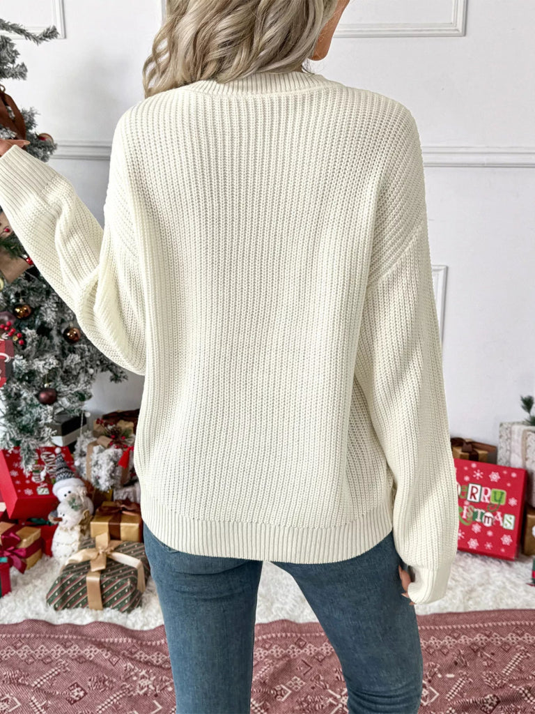 Plaid Bow Round Neck Sweater - Ivory by Trendsi from FREYA’S CLOSET