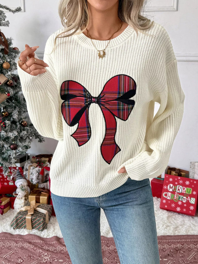 Plaid Bow Round Neck Sweater - Ivory by Trendsi from FREYA’S CLOSET