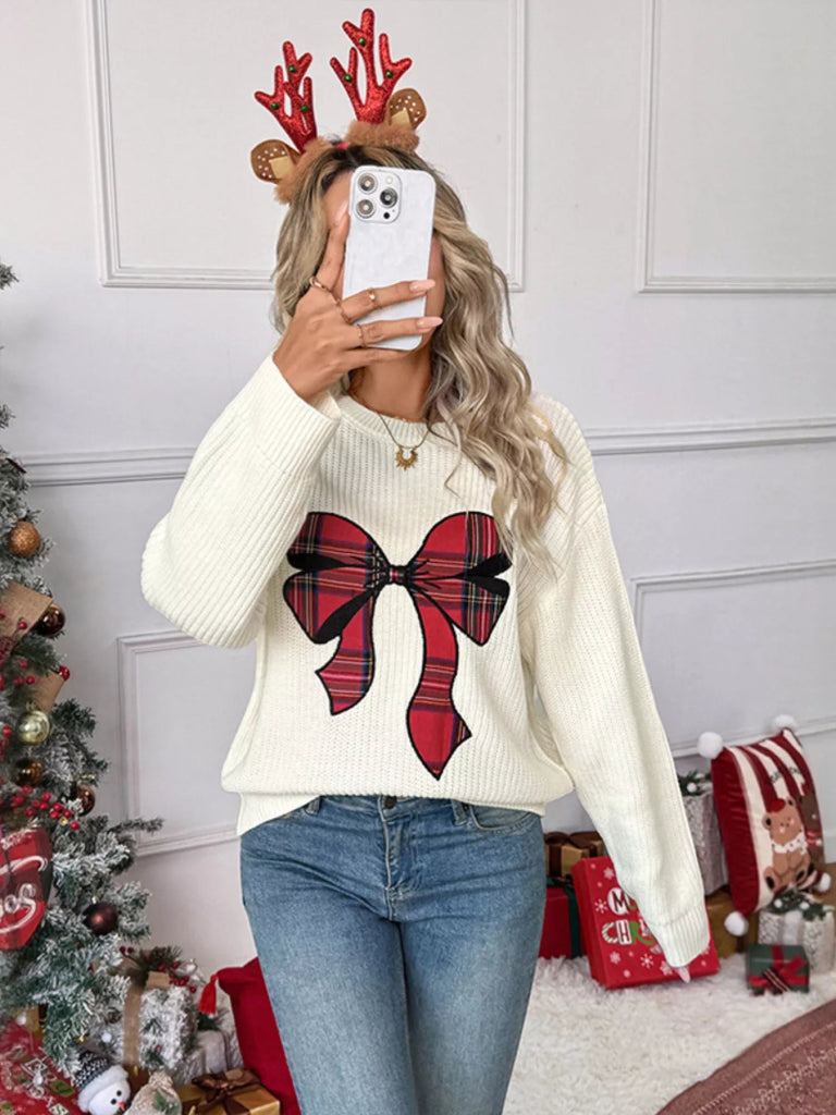 Plaid Bow Round Neck Sweater - Ivory by Trendsi from FREYA’S CLOSET
