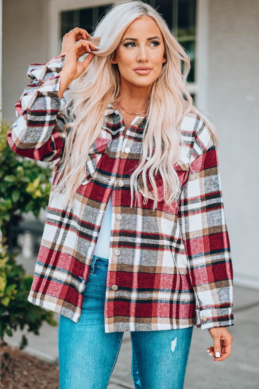 Trendsi Red / S Plaid Button Front Shirt Jacket with Breast Pockets