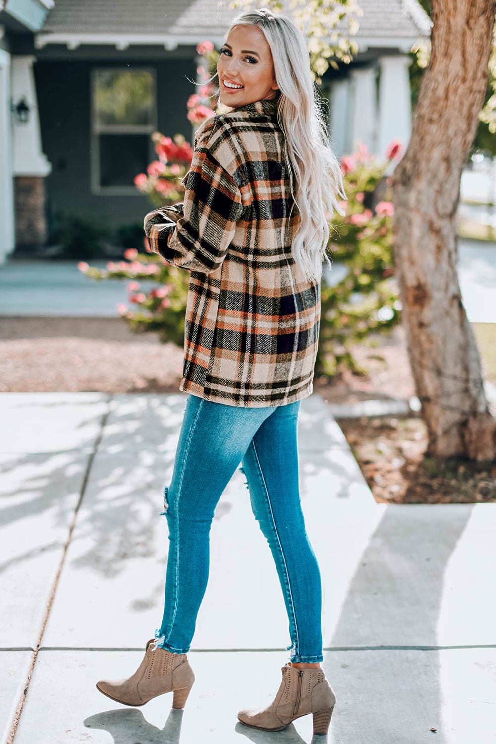 Trendsi Plaid Button Front Shirt Jacket with Breast Pockets
