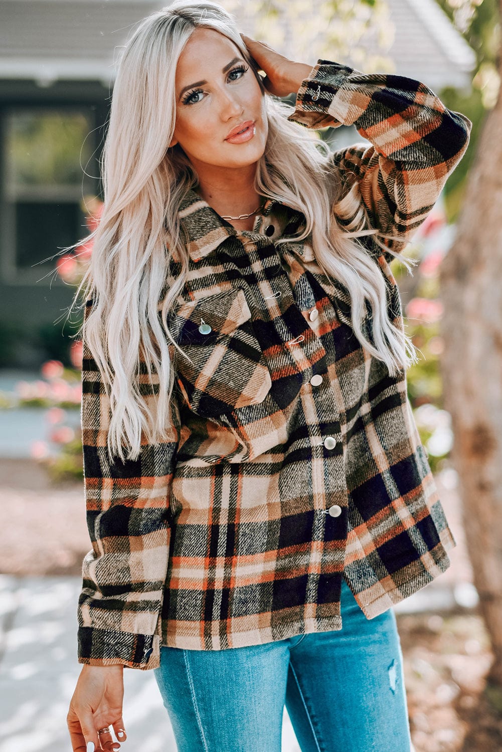 Trendsi Plaid Button Front Shirt Jacket with Breast Pockets