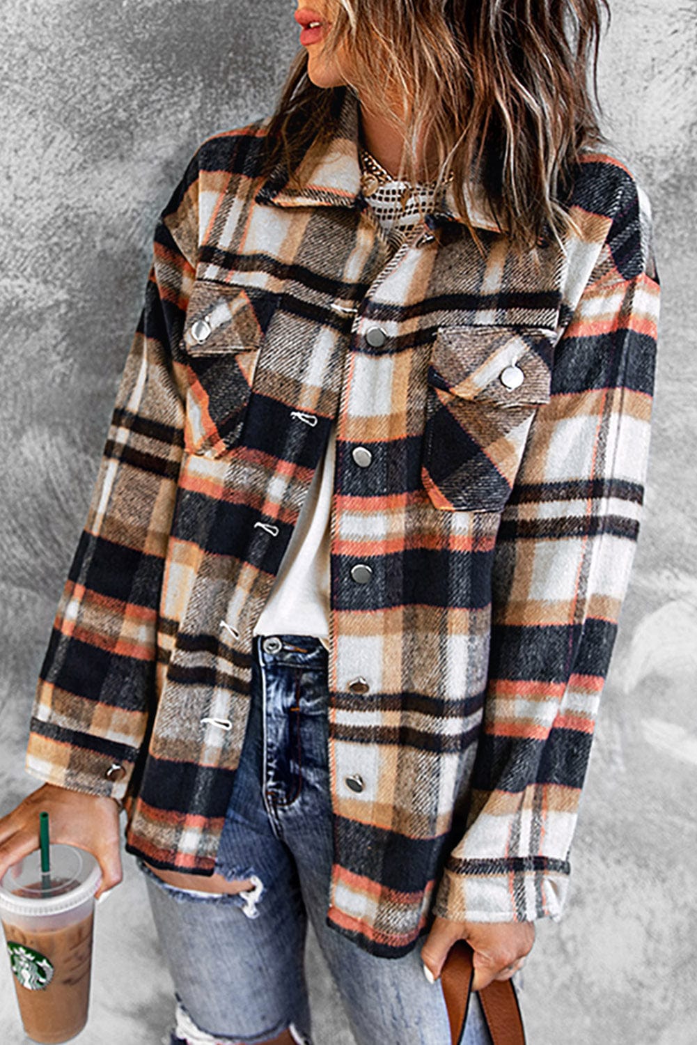 Trendsi Plaid Button Front Shirt Jacket with Breast Pockets