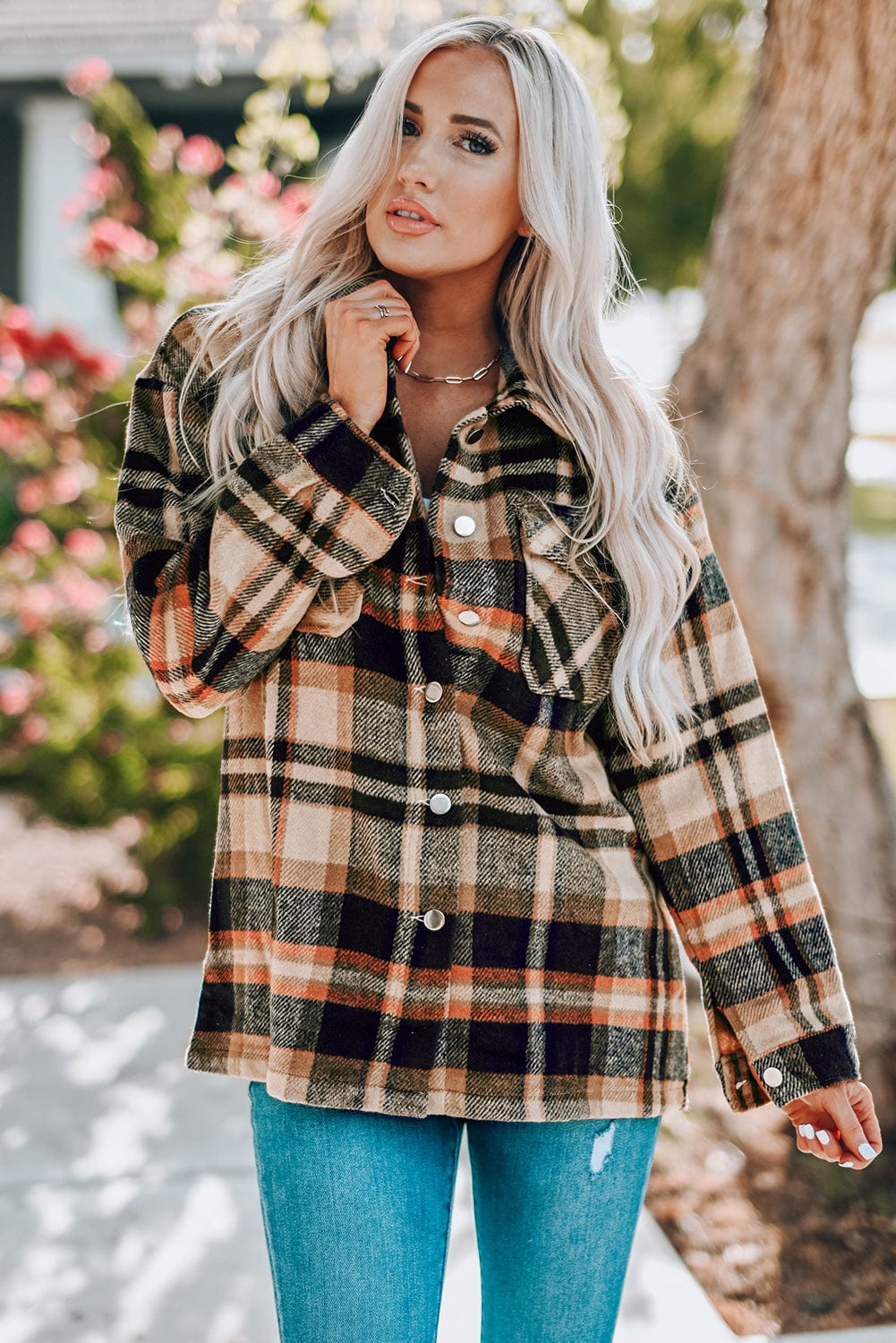 Trendsi Khaki / S Plaid Button Front Shirt Jacket with Breast Pockets