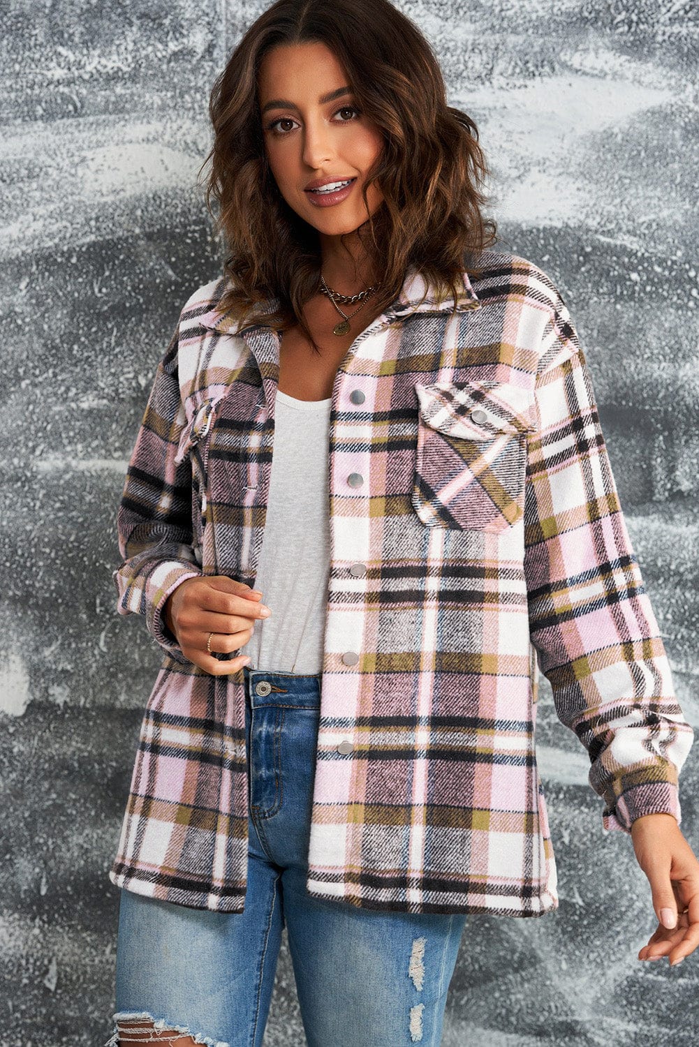 Trendsi Plaid Button Front Shirt Jacket with Breast Pockets