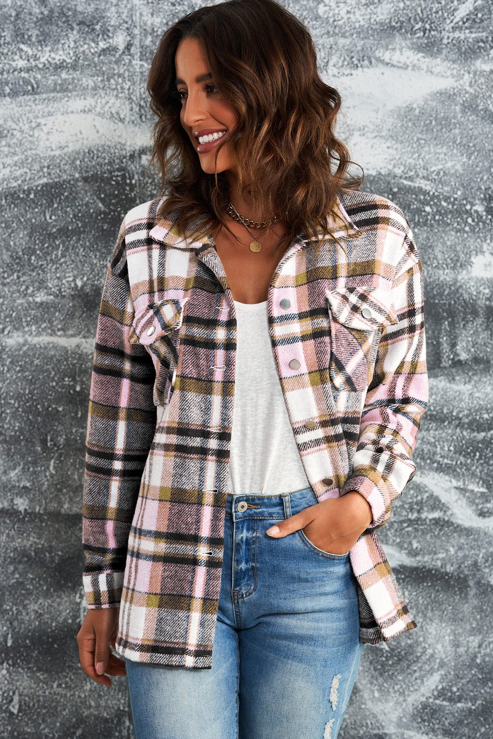 Trendsi Pink / S Plaid Button Front Shirt Jacket with Breast Pockets
