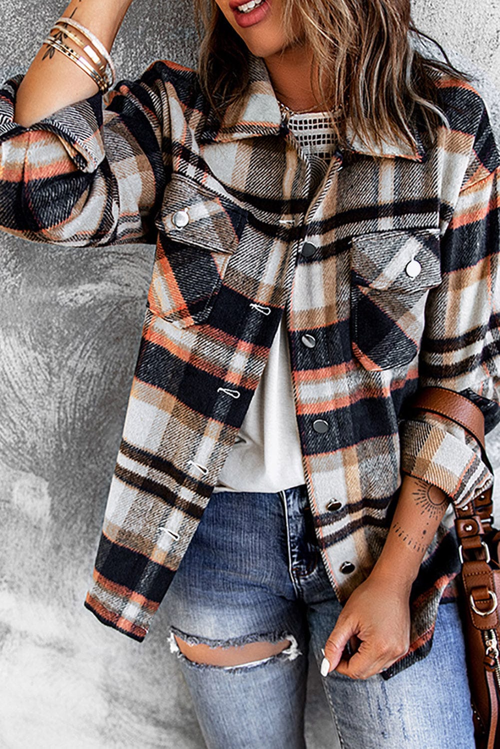 Trendsi Plaid Button Front Shirt Jacket with Breast Pockets