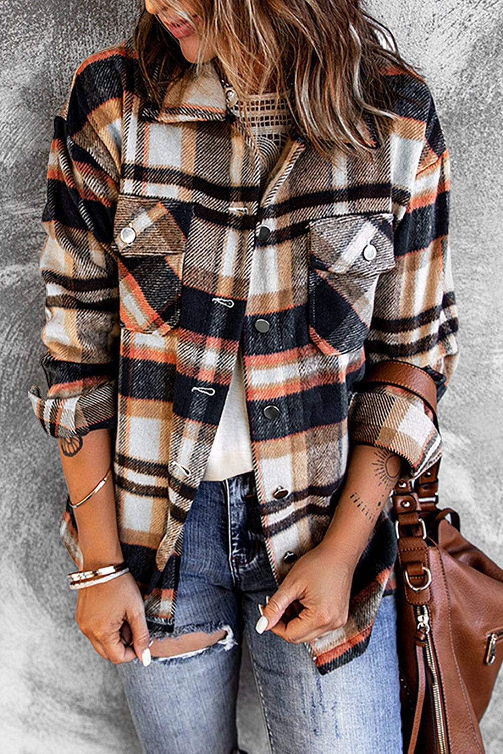 Trendsi Blue / S Plaid Button Front Shirt Jacket with Breast Pockets