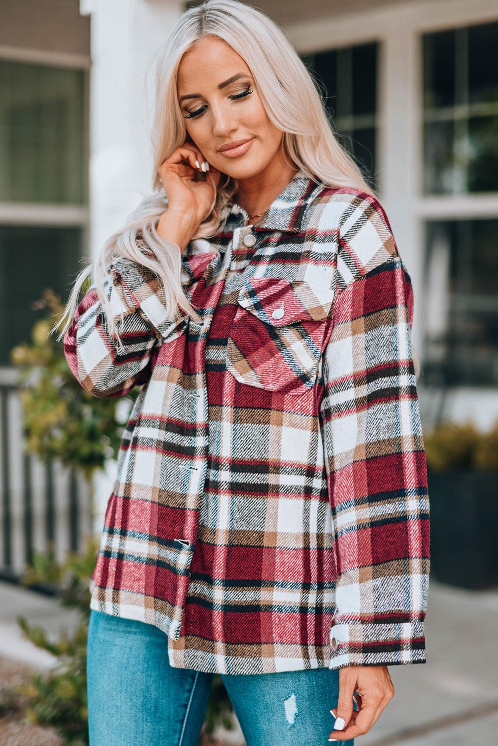 Trendsi Plaid Button Front Shirt Jacket with Breast Pockets