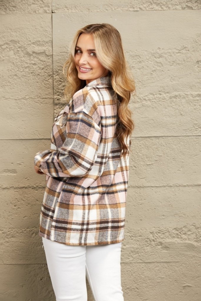 Plaid Button Front Shirt Jacket with Breast Pockets - Blue by Trendsi from FREYA’S CLOSET