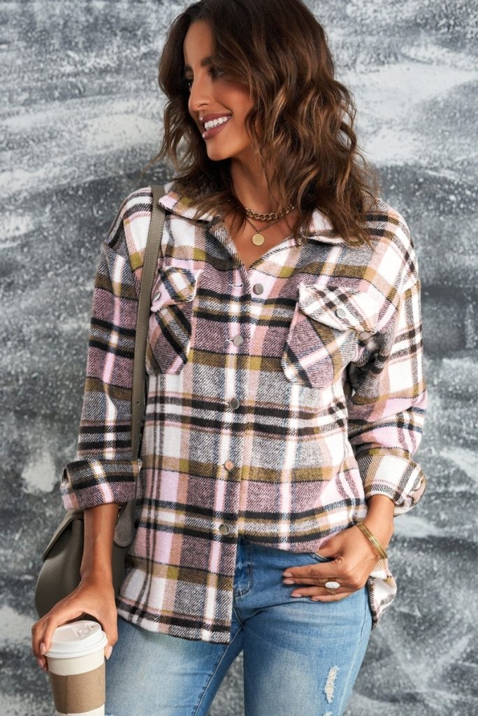 Plaid Button Front Shirt Jacket with Breast Pockets - Pink by Trendsi from FREYA’S CLOSET