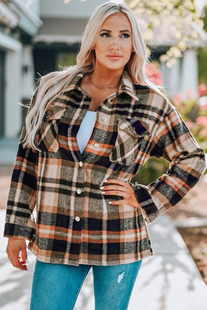 Plaid Button Front Shirt Jacket with Breast Pockets - Khaki by Trendsi from FREYA’S CLOSET