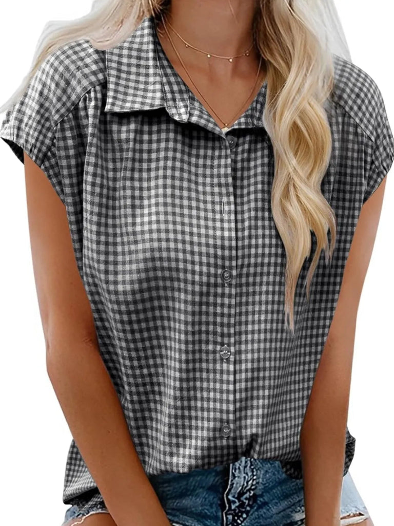 Plaid Button Up Cap Sleeve Shirt - Black by Trendsi from FREYA’S CLOSET