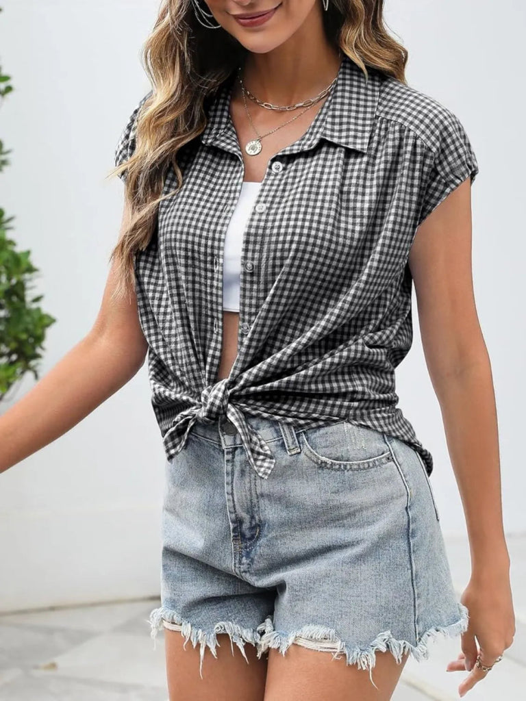 Plaid Button Up Cap Sleeve Shirt - Black by Trendsi from FREYA’S CLOSET