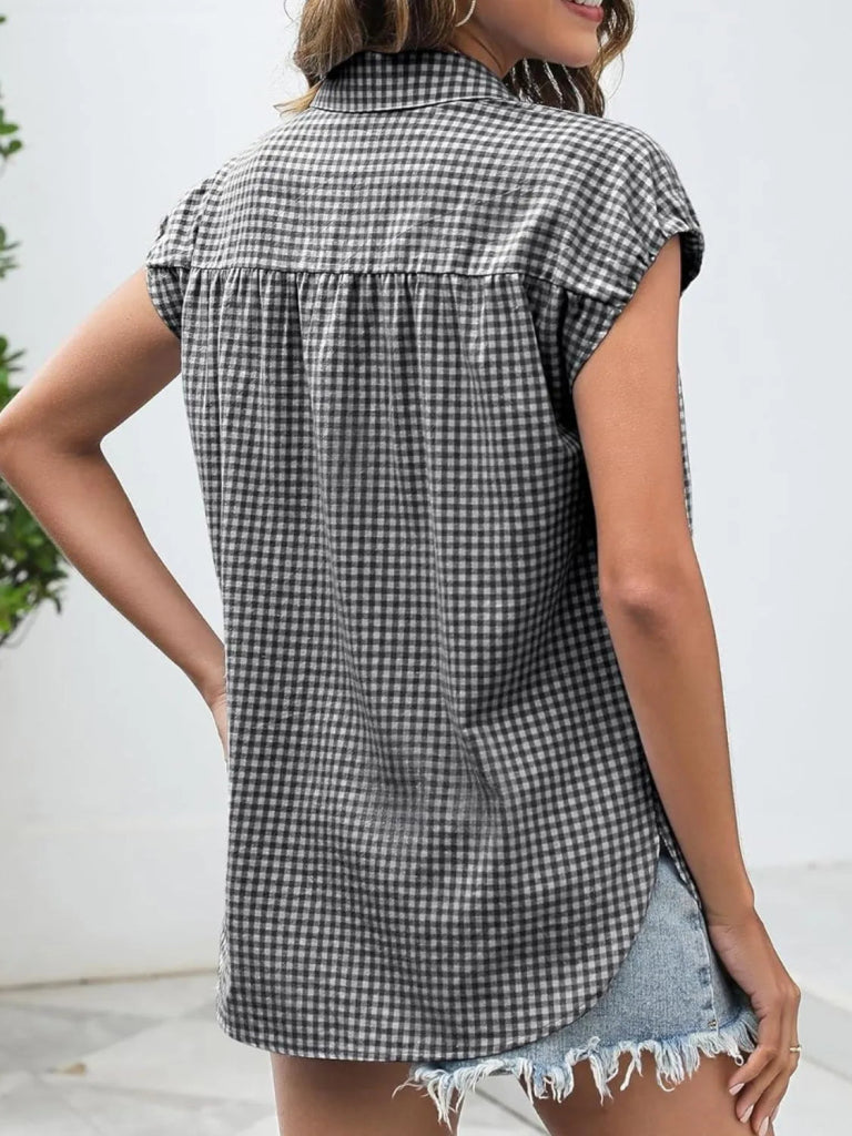 Plaid Button Up Cap Sleeve Shirt - Black by Trendsi from FREYA’S CLOSET