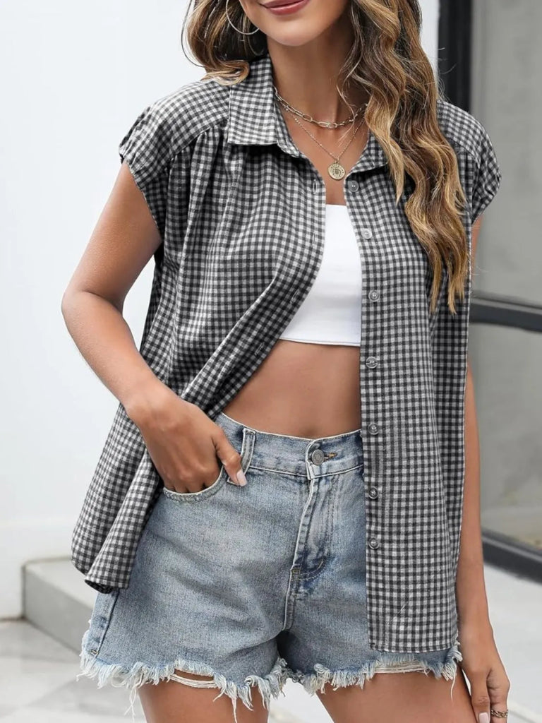 Plaid Button Up Cap Sleeve Shirt - Black by Trendsi from FREYA’S CLOSET