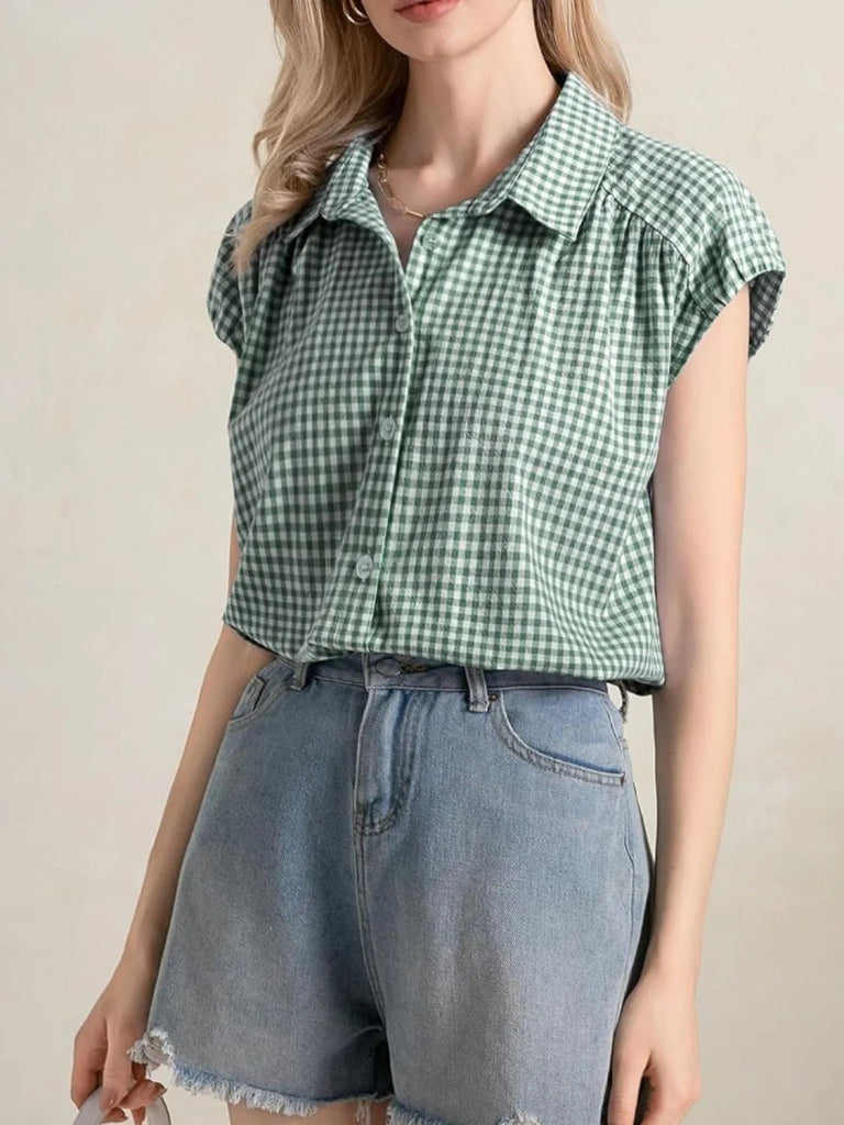 Plaid Button Up Cap Sleeve Shirt - Gum Leaf by Trendsi from FREYA’S CLOSET