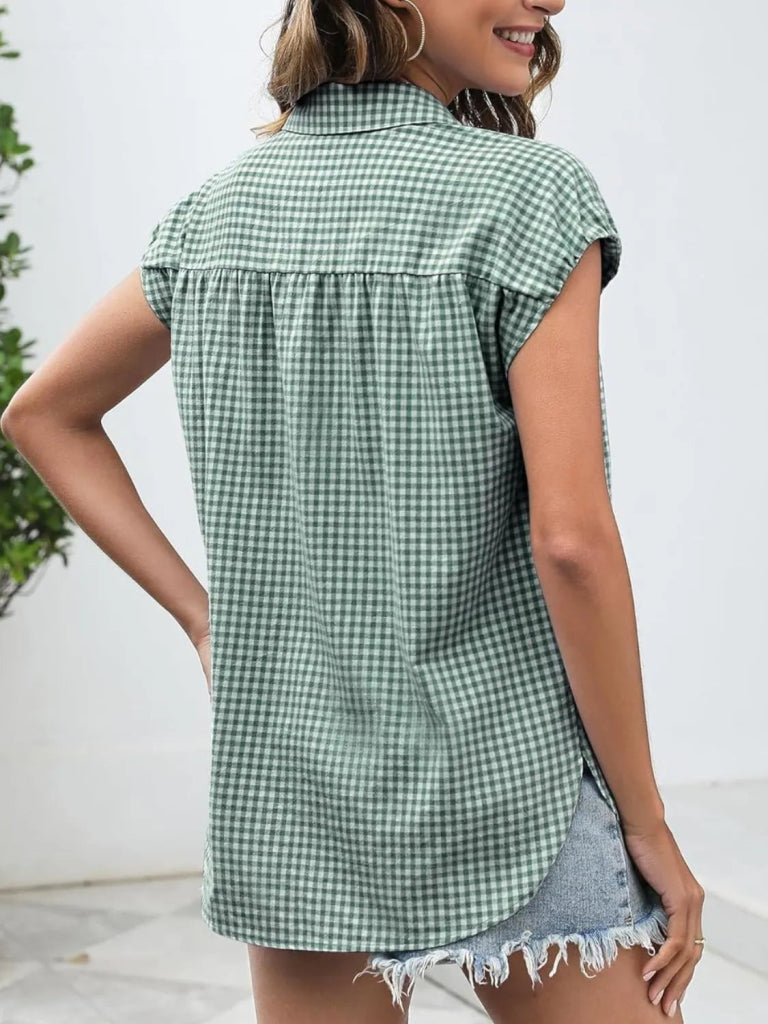 Plaid Button Up Cap Sleeve Shirt - Gum Leaf by Trendsi from FREYA’S CLOSET
