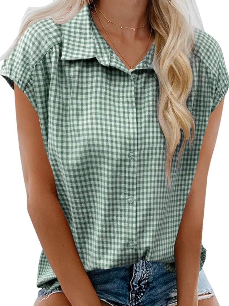 Plaid Button Up Cap Sleeve Shirt - Gum Leaf by Trendsi from FREYA’S CLOSET