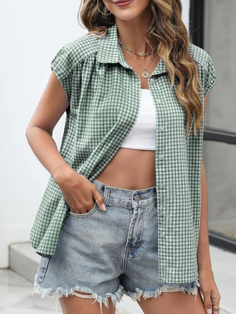 Plaid Button Up Cap Sleeve Shirt - Gum Leaf by Trendsi from FREYA’S CLOSET