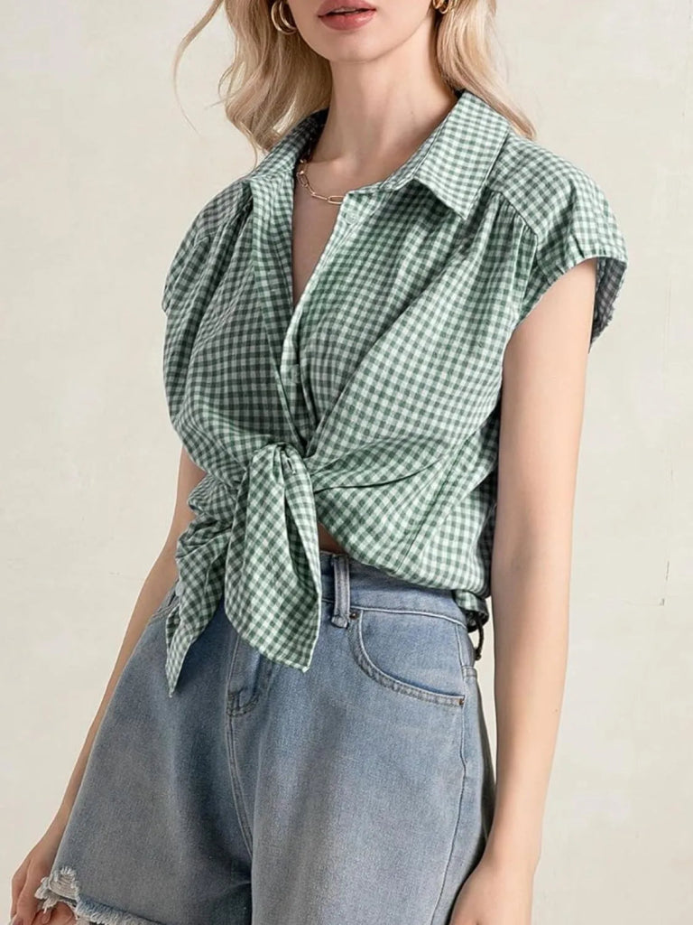 Plaid Button Up Cap Sleeve Shirt - Gum Leaf by Trendsi from FREYA’S CLOSET