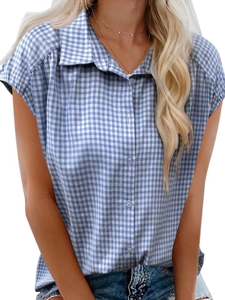 Plaid Button Up Cap Sleeve Shirt - Light Blue by Trendsi from FREYA’S CLOSET