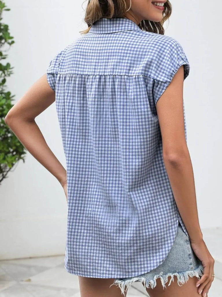 Plaid Button Up Cap Sleeve Shirt - Light Blue by Trendsi from FREYA’S CLOSET