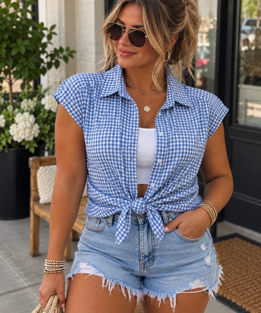 Plaid Button Up Cap Sleeve Shirt - Light Blue by Trendsi from FREYA’S CLOSET