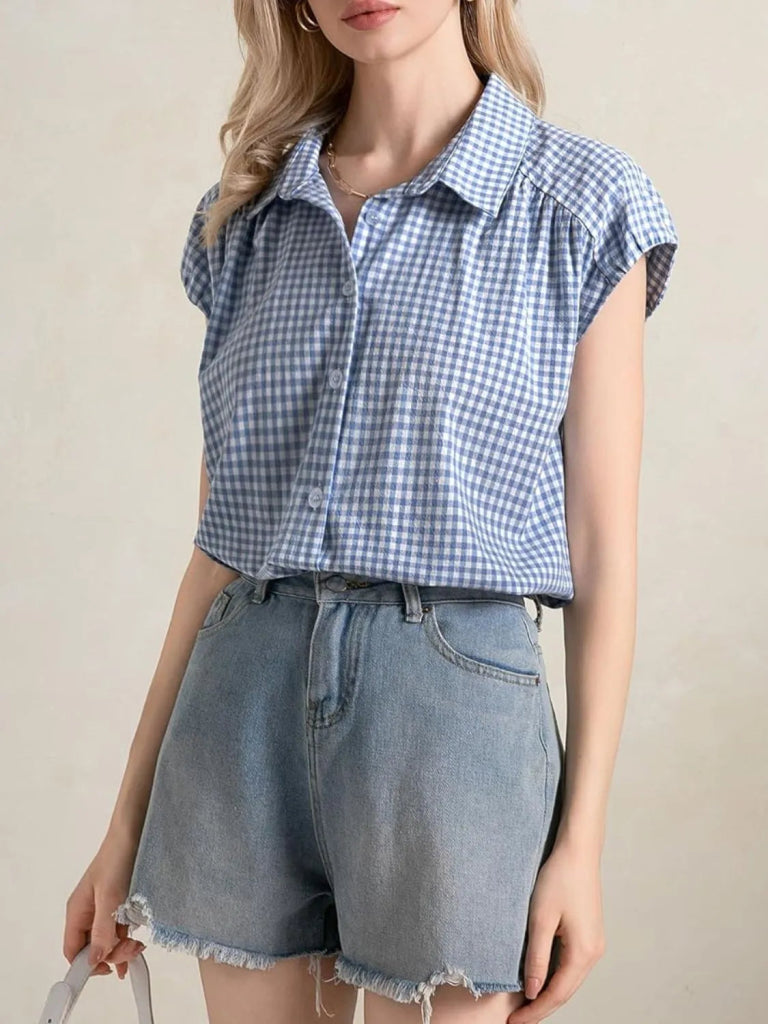 Plaid Button Up Cap Sleeve Shirt - Light Blue by Trendsi from FREYA’S CLOSET