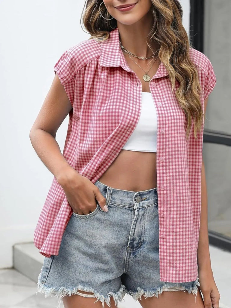 Plaid Button Up Cap Sleeve Shirt - Moonlit Mauve by Trendsi from FREYA’S CLOSET