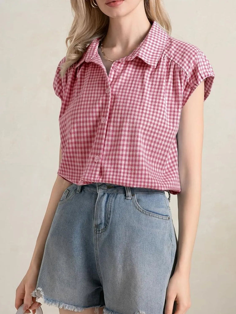 Plaid Button Up Cap Sleeve Shirt - Moonlit Mauve by Trendsi from FREYA’S CLOSET