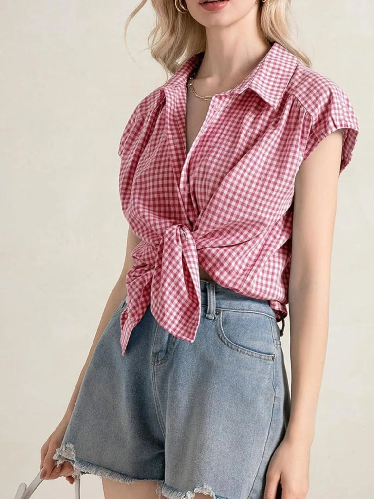 Plaid Button Up Cap Sleeve Shirt - Moonlit Mauve by Trendsi from FREYA’S CLOSET
