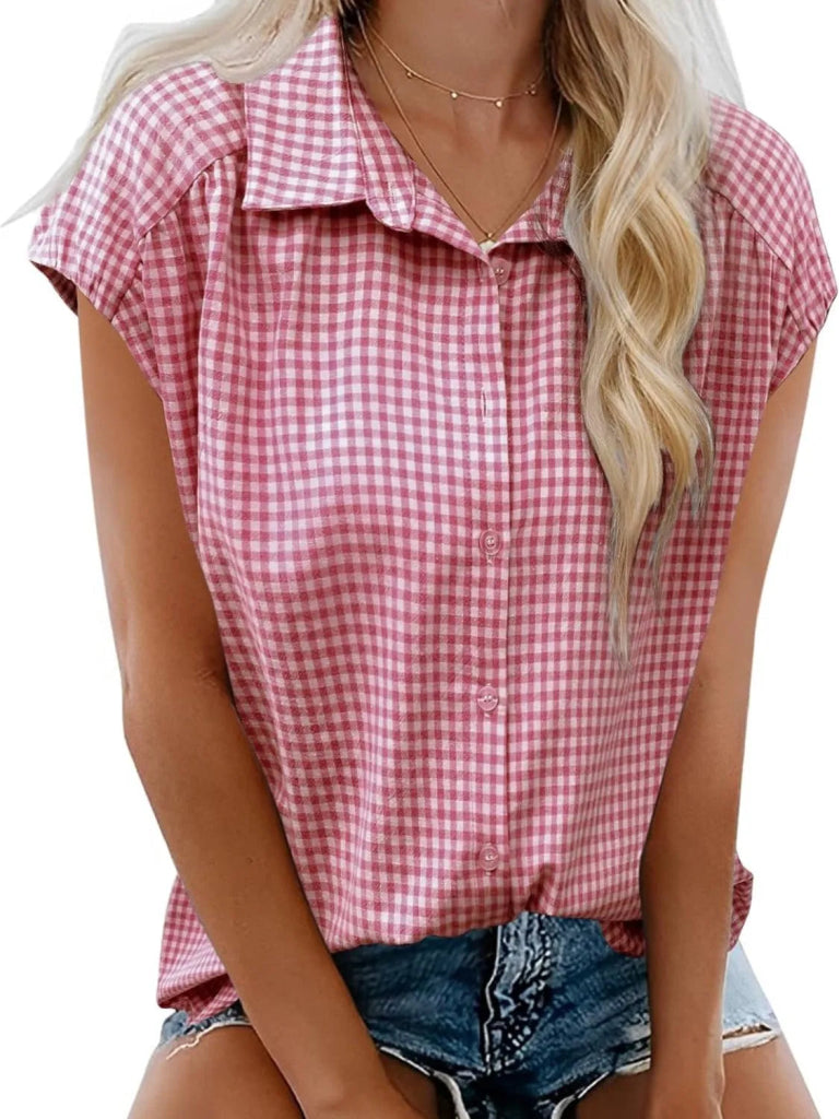 Plaid Button Up Cap Sleeve Shirt - Moonlit Mauve by Trendsi from FREYA’S CLOSET