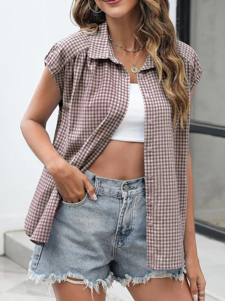 Plaid Button Up Cap Sleeve Shirt - Taupe by Trendsi from FREYA’S CLOSET
