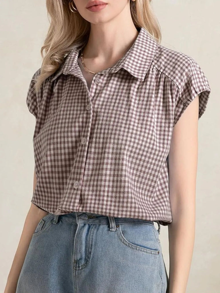Plaid Button Up Cap Sleeve Shirt - Taupe by Trendsi from FREYA’S CLOSET
