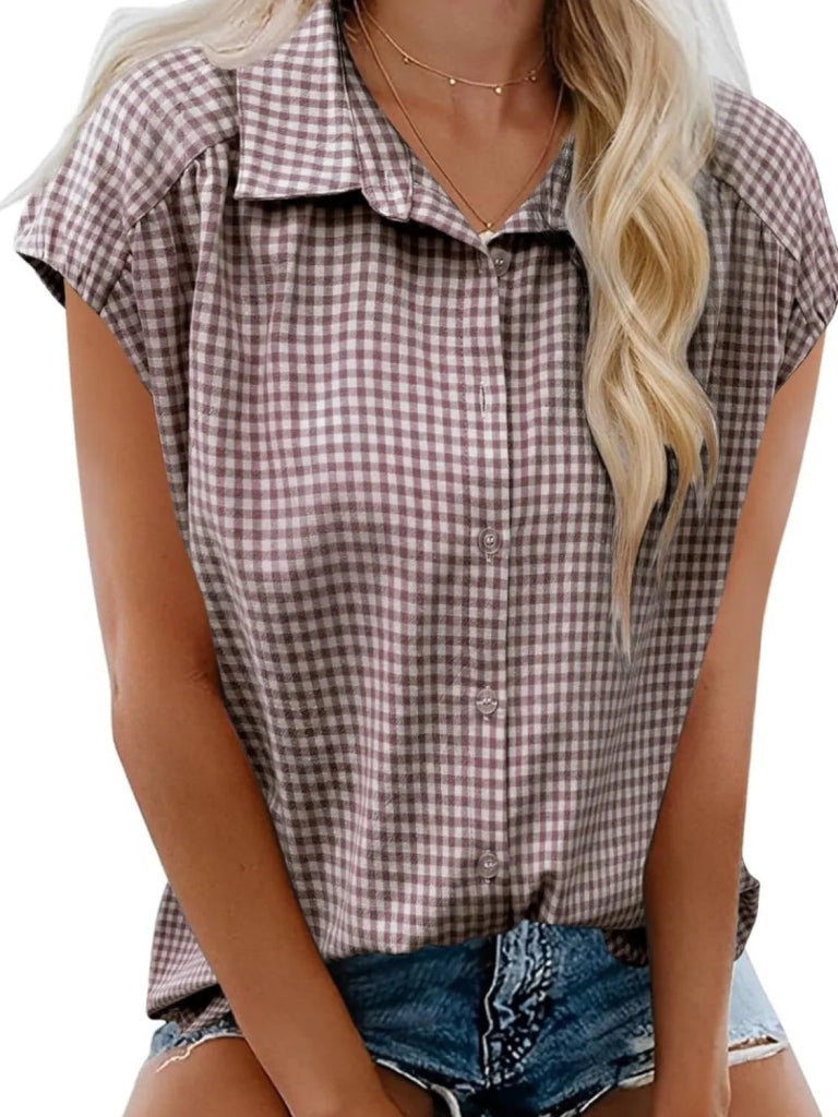 Plaid Button Up Cap Sleeve Shirt - Taupe by Trendsi from FREYA’S CLOSET