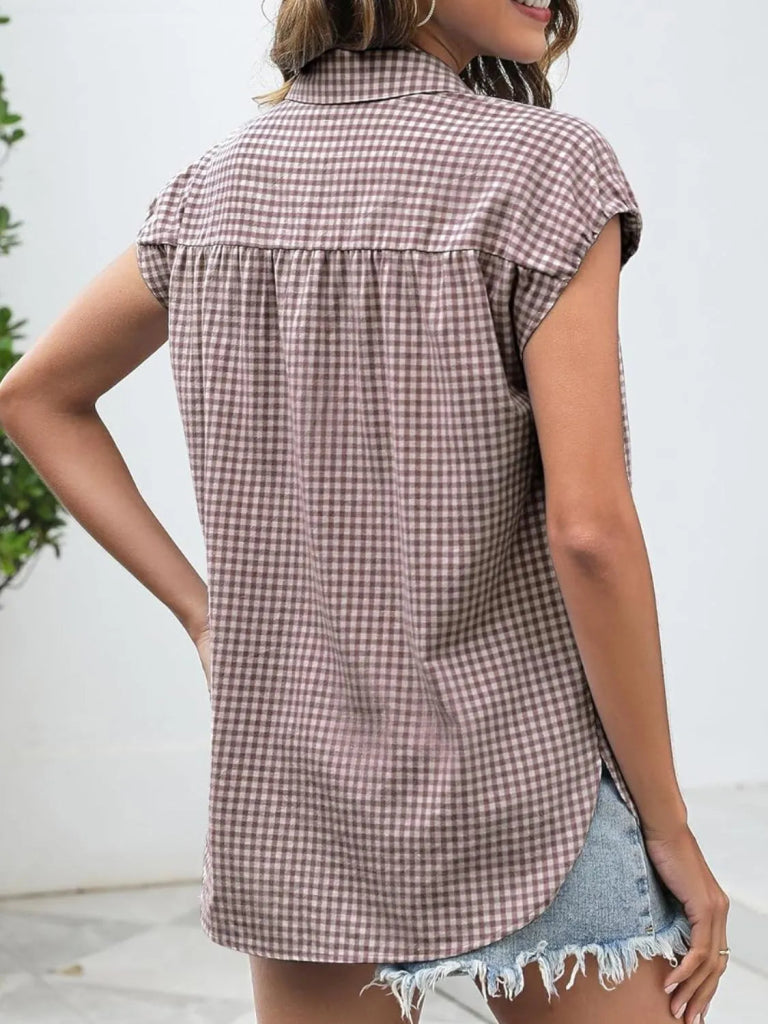 Plaid Button Up Cap Sleeve Shirt - Taupe by Trendsi from FREYA’S CLOSET