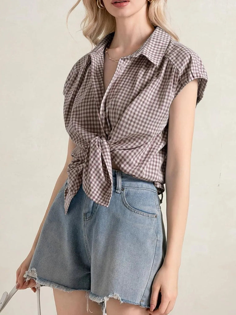 Plaid Button Up Cap Sleeve Shirt - Taupe by Trendsi from FREYA’S CLOSET