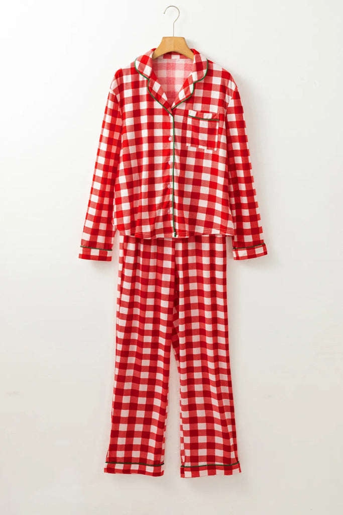 Plaid Collared Neck Long Sleeve Top and Pants Set - Fiery Red by Trendsi from FREYA’S CLOSET