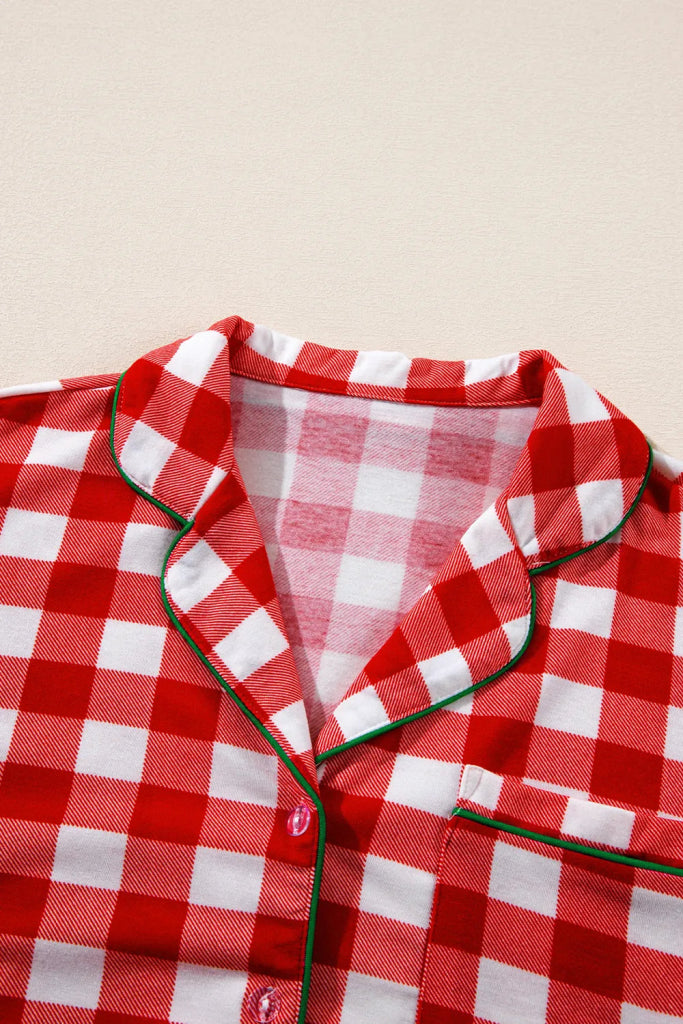 Plaid Collared Neck Long Sleeve Top and Pants Set - Fiery Red by Trendsi from FREYA’S CLOSET