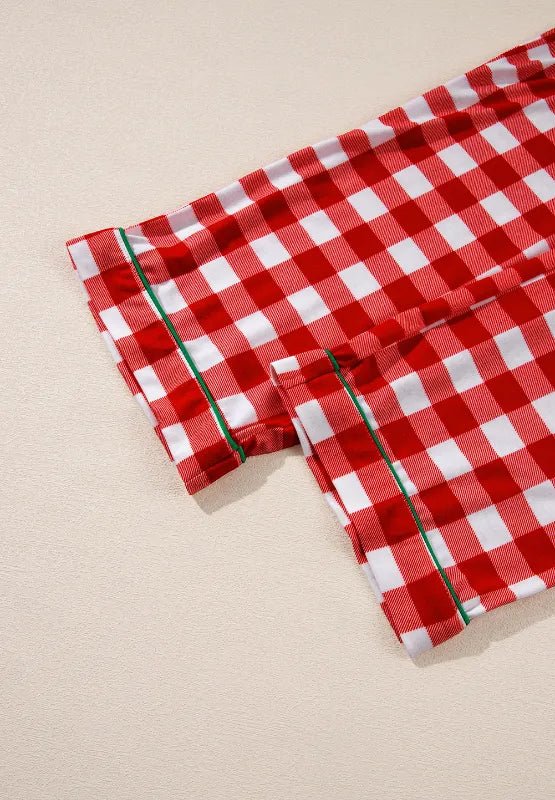 Plaid Collared Neck Long Sleeve Top and Pants Set - Fiery Red by Trendsi from FREYA’S CLOSET