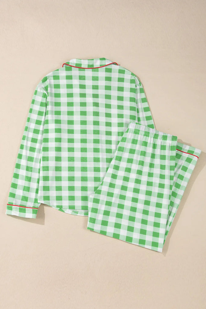 Plaid Collared Neck Long Sleeve Top and Pants Set - Light Green by Trendsi from FREYA’S CLOSET