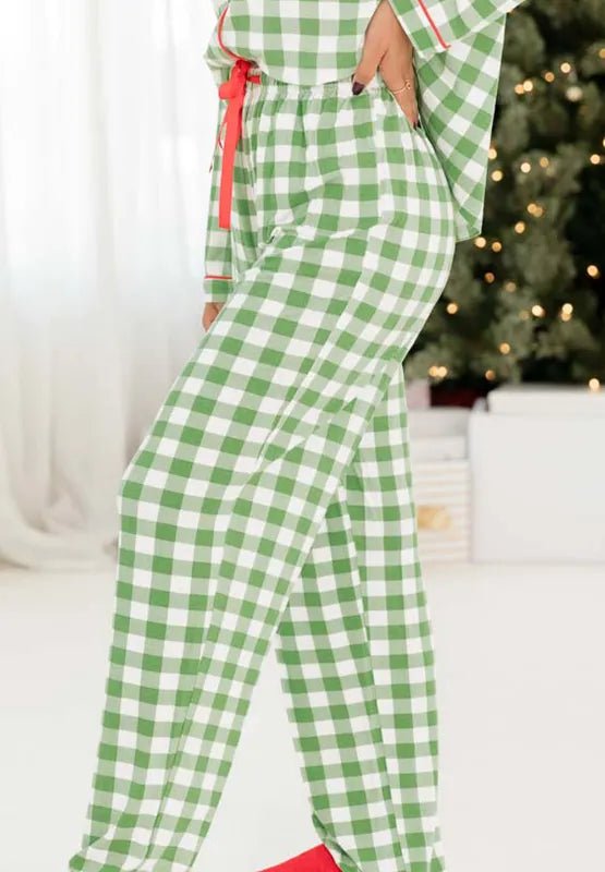Plaid Collared Neck Long Sleeve Top and Pants Set - Light Green by Trendsi from FREYA’S CLOSET