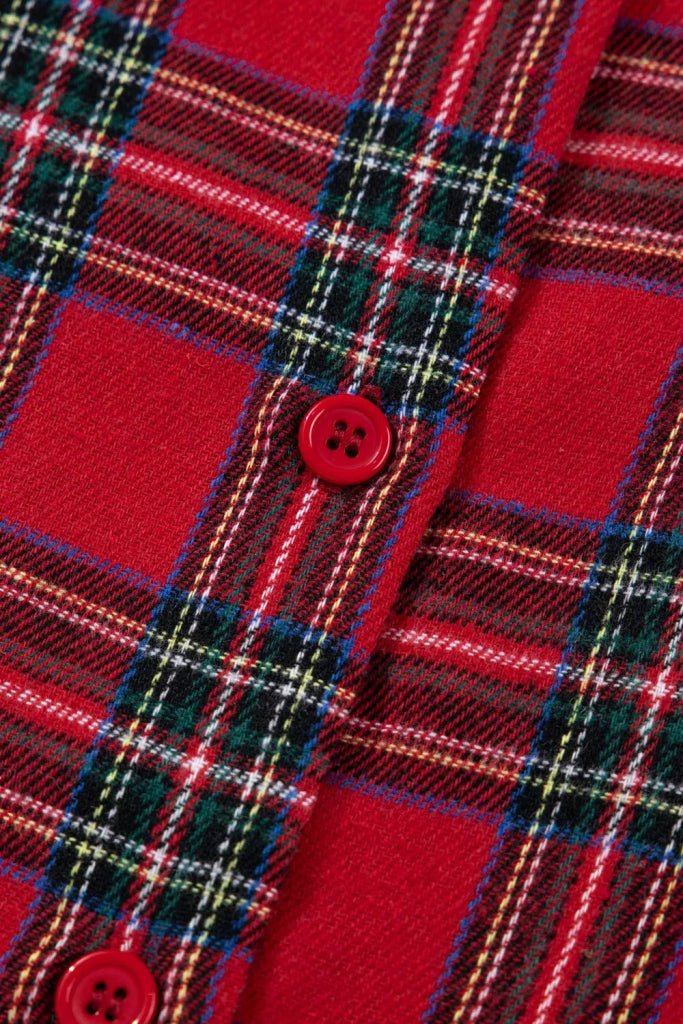 Plaid Contrast Patched Christmas Holiday Long Sleeve Shirt and Short 2pcs Pajama Set - Deep Red by Trendsi from FREYA’S CLOSET