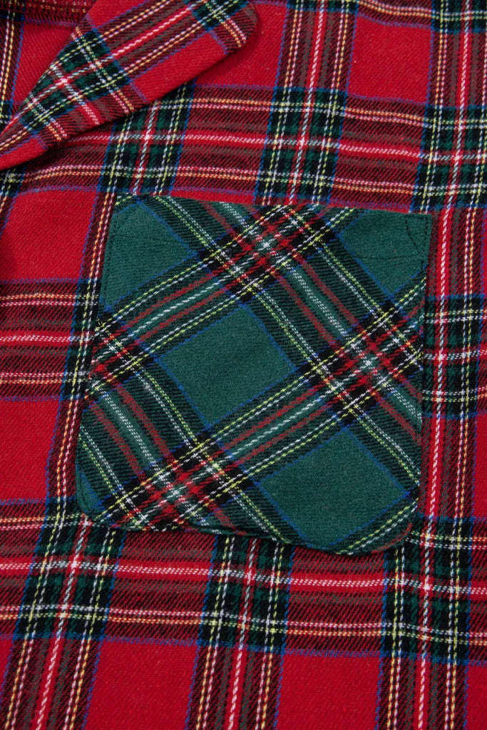 Plaid Contrast Patched Christmas Holiday Long Sleeve Shirt and Short 2pcs Pajama Set - Deep Red by Trendsi from FREYA’S CLOSET