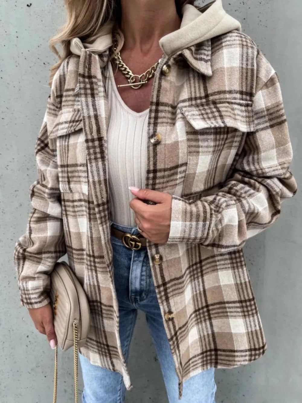 Trendsi Camel / S Plaid Dropped Shoulder Hooded Jacket